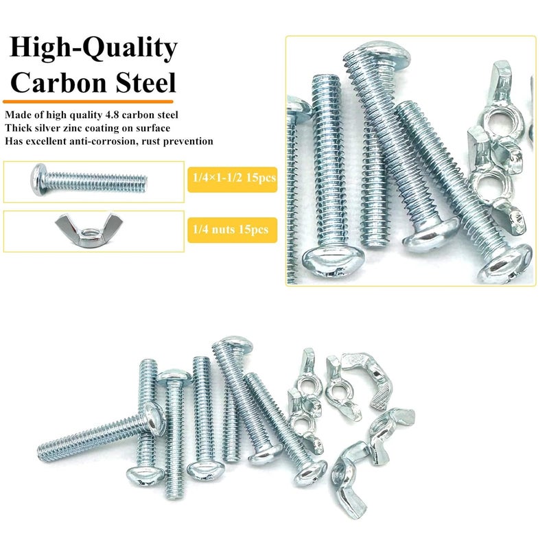 Matrelt 30Pack 1/4"-20 x1-1/2 Screw Bolts and Wing Nut Kit 15pcs Machine Screws with Round Head Phillips 15pcs Butterfly Hand Twist Tighten Nut Zinc Plated Hardware Fitting Fastenings Assortment Kit - Image 3